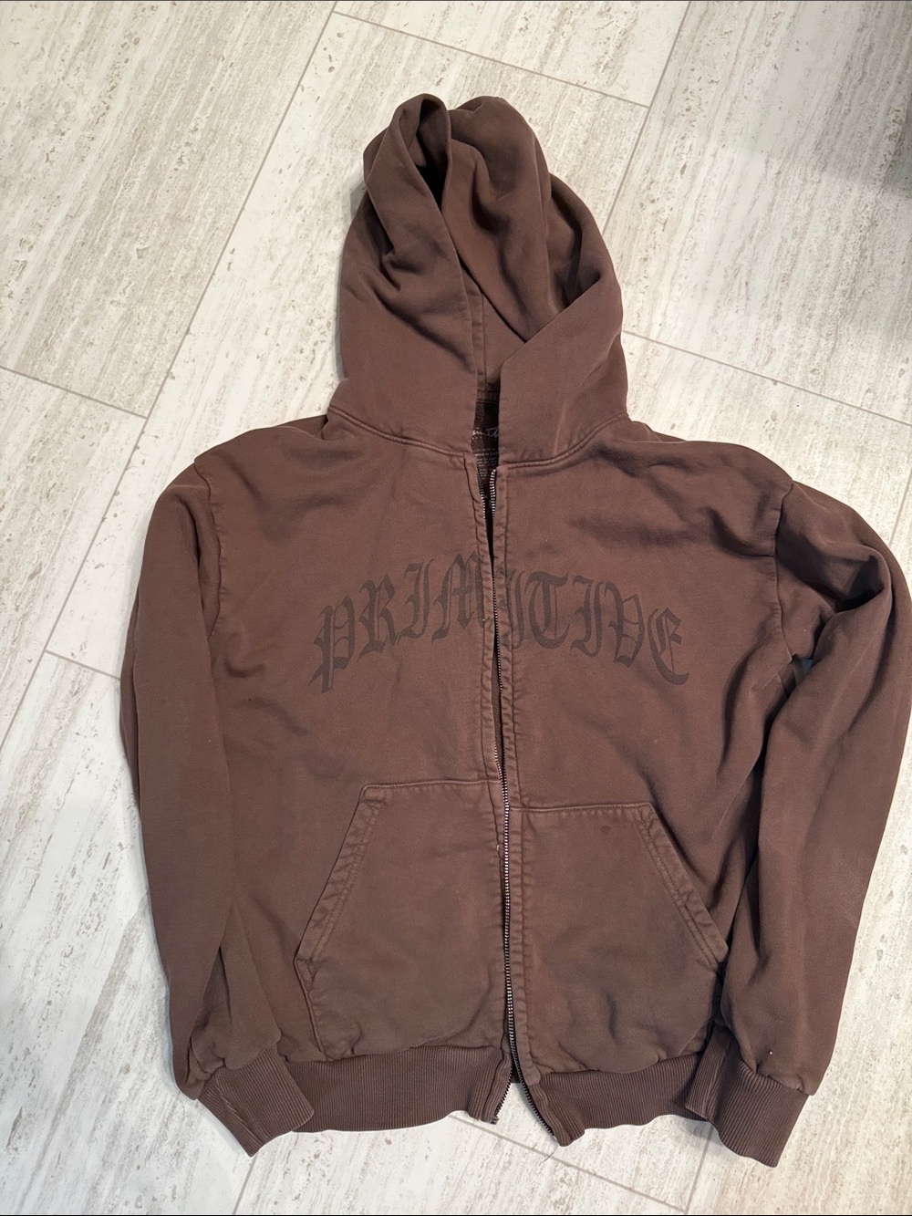 Primitive Brown Full-Zip Hoodie with Gothic Script